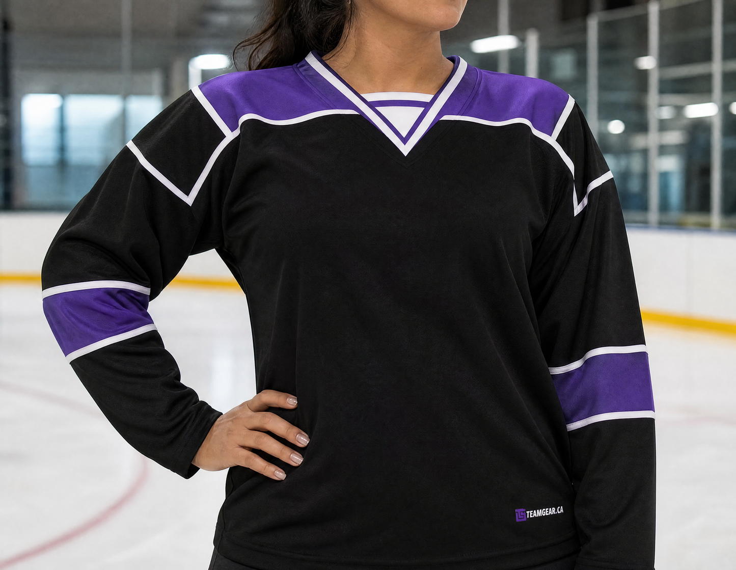 NHL Inspired Hockey Jersey: Los Angeles Kings Black and Purple — custom hockey jersey worn on model — TeamGear Canada