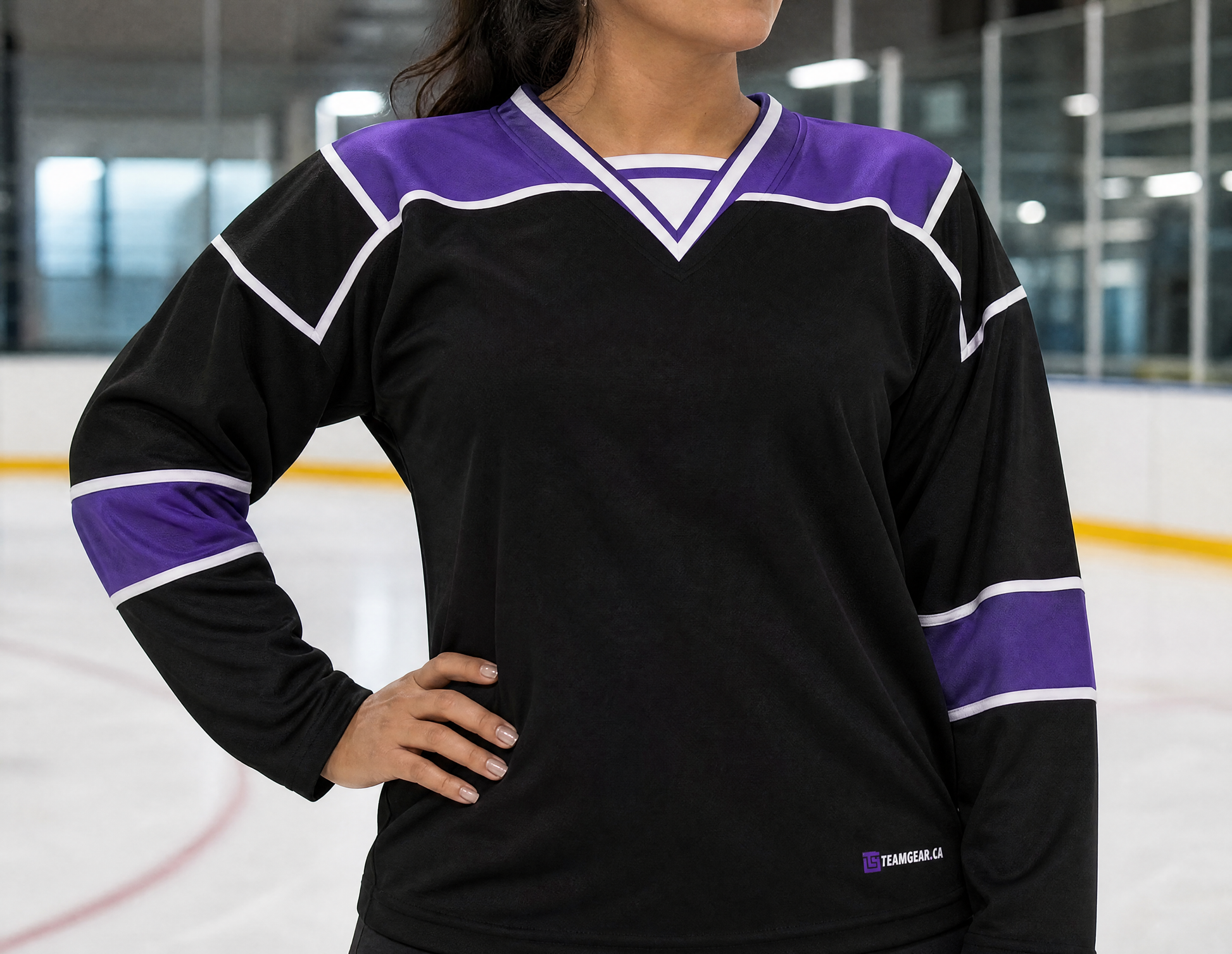 NHL Inspired Hockey Jersey: Los Angeles Kings Black and Purple — custom hockey jersey worn on model — TeamGear Canada