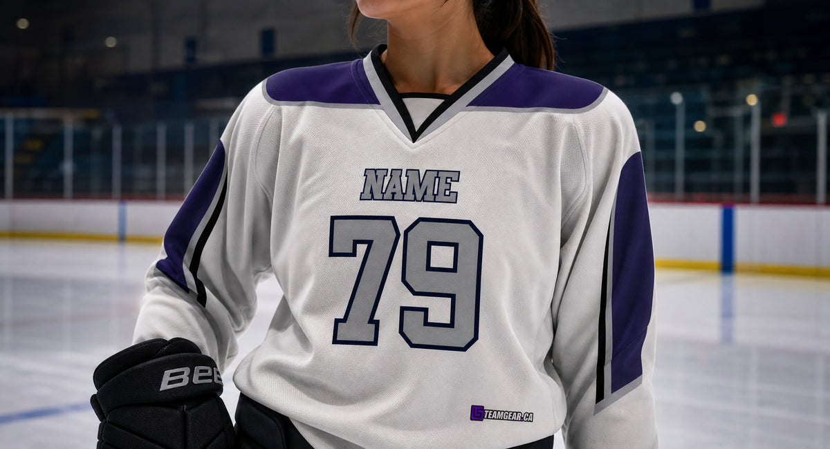 NHL Inspired Hockey Jersey: Los Angeles Kings White and Purple — custom hockey jersey worn on model — TeamGear Canada