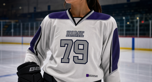NHL Inspired Hockey Jersey: Los Angeles Kings White and Purple — custom hockey jersey worn on model — TeamGear Canada