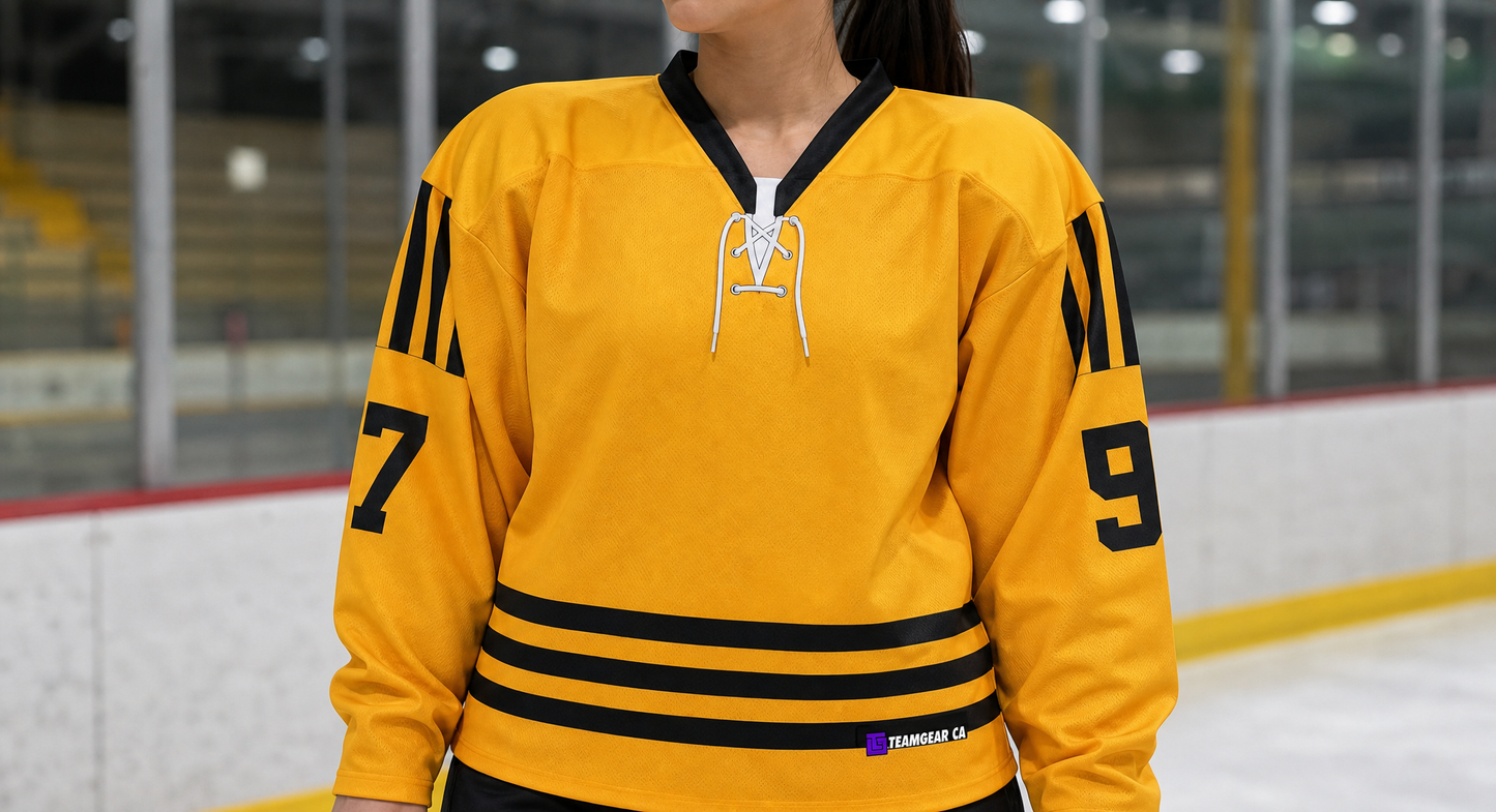 NHL Inspired Hockey Jersey: Michigan Wolverines Gold — custom hockey jersey worn on model — TeamGear Canada