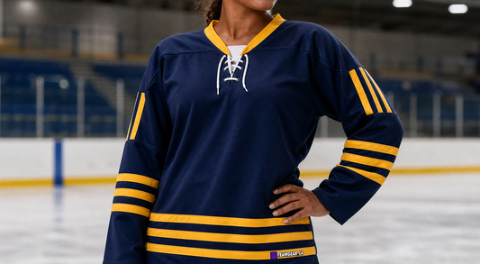 NHL Inspired Hockey Jersey: Michigan Wolverines Navy — custom hockey jersey worn on model — TeamGear Canada