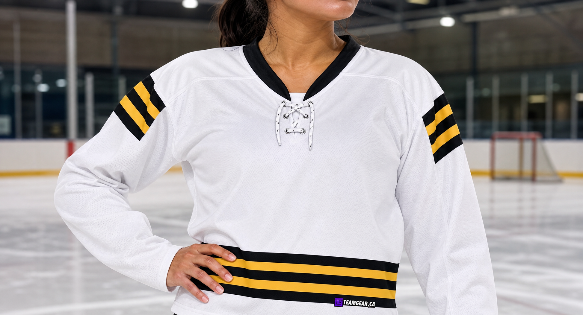 NHL Inspired Hockey Jersey: Michigan Wolverines White — custom hockey jersey worn on model — TeamGear Canada