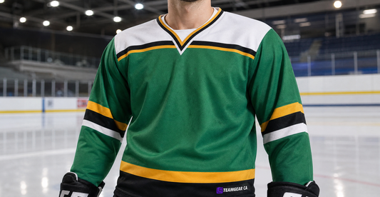 NHL Inspired Hockey Jersey: Minnesota North Stars Kelly Green — custom hockey jersey worn on model — TeamGear Canada