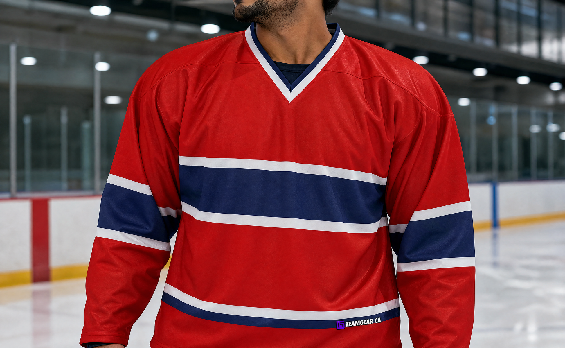 NHL Inspired Hockey Jersey: Montreal Canadiens Red — custom hockey jersey worn on model — TeamGear Canada