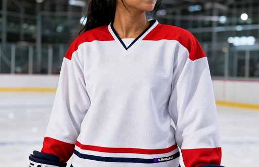 NHL Inspired Hockey Jersey: Montreal Canadiens White — custom hockey jersey worn on model — TeamGear Canada