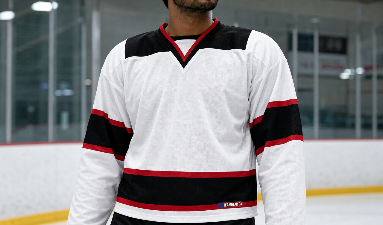 NHL Inspired Hockey Jersey: New Jersey Devils White — custom hockey jersey worn on model — TeamGear Canada