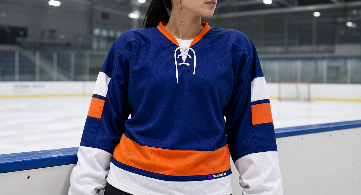 NHL Inspired Hockey Jersey: New York Islanders Blue — custom hockey jersey worn on model — TeamGear Canada