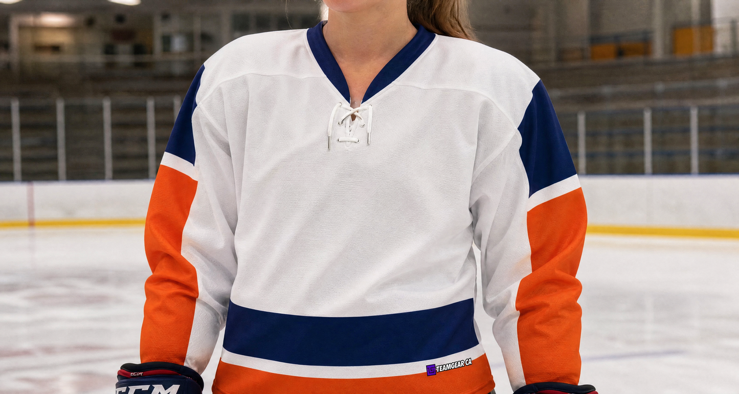 NHL Inspired Hockey Jersey: New York Islanders White — custom hockey jersey worn on model — TeamGear Canada
