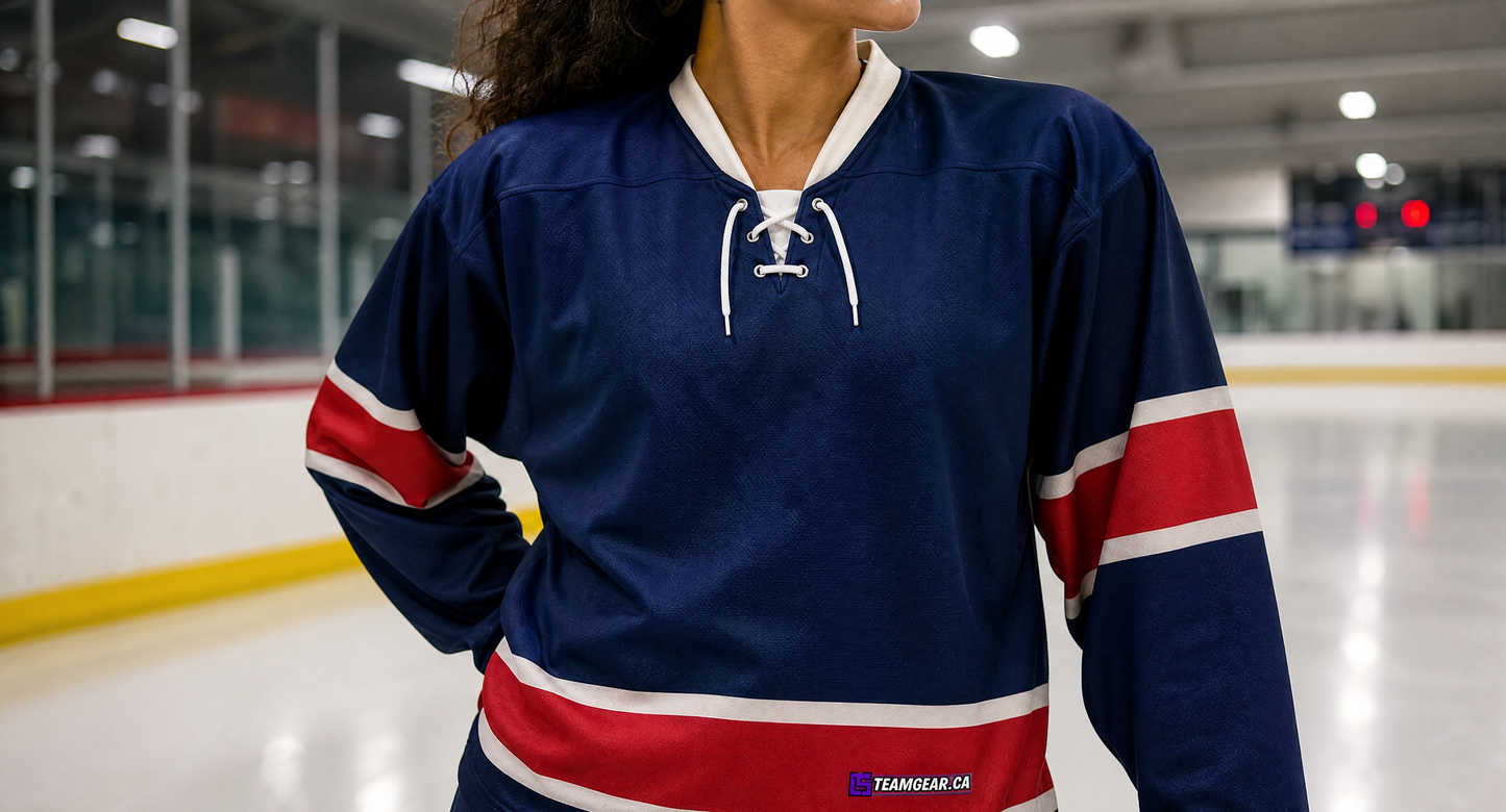 NHL Inspired Hockey Jersey: New York Rangers Navy — custom hockey jersey worn on model — TeamGear Canada