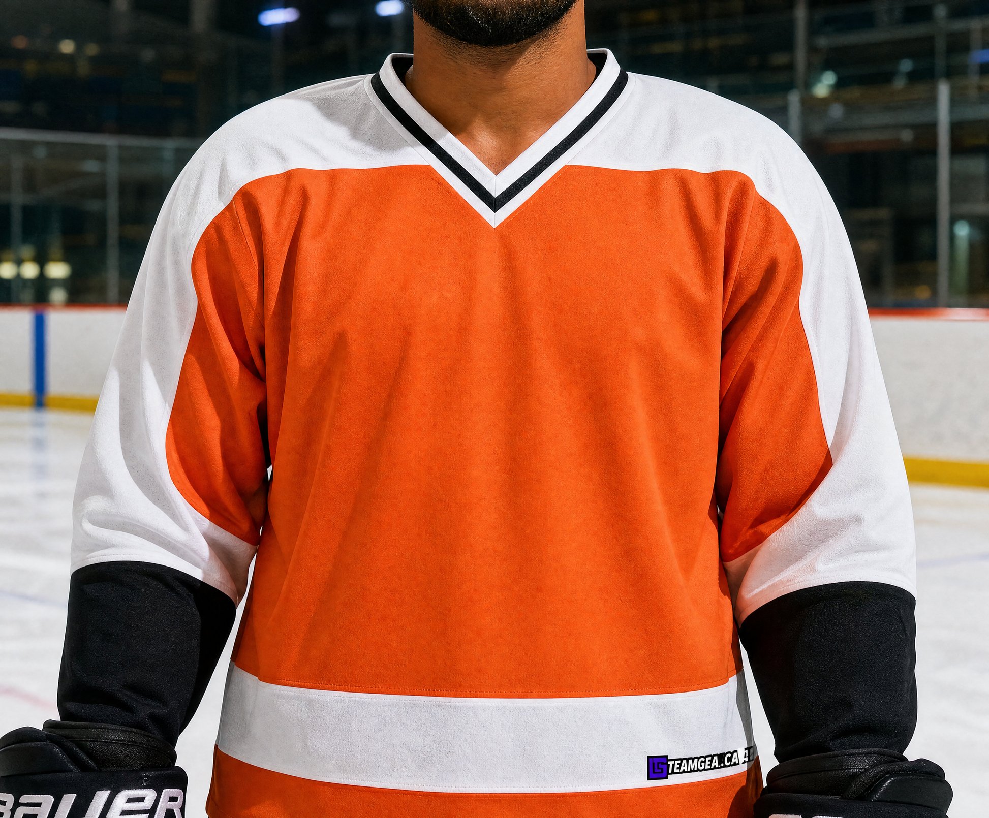 NHL Inspired Hockey Jersey: Philadelphia Flyers Orange — custom hockey jersey worn on model — TeamGear Canada
