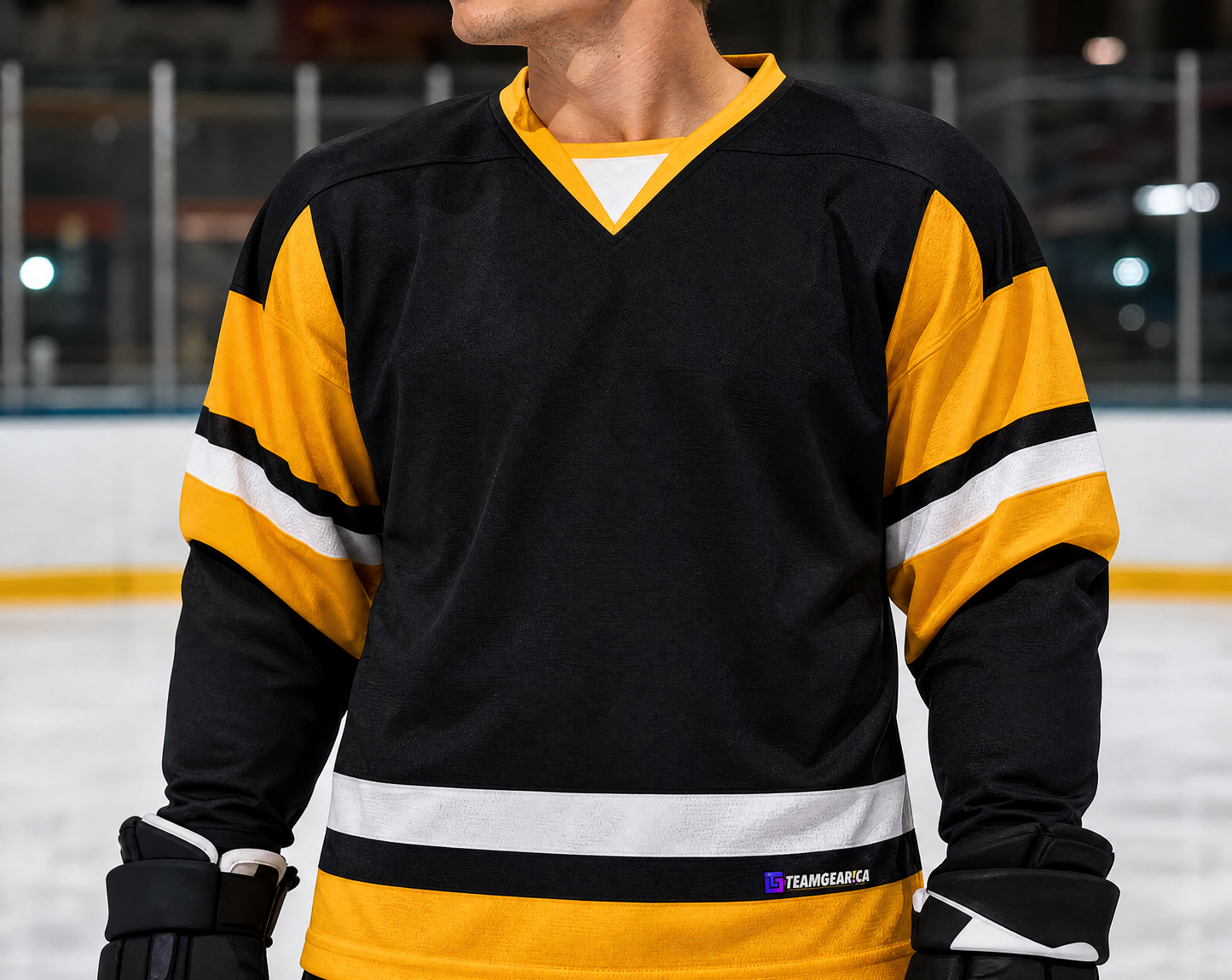 NHL Inspired Hockey Jersey: Pittsburgh Penguins Black — custom hockey jersey worn on model — TeamGear Canada