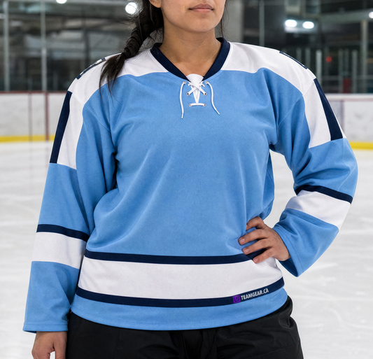 NHL Inspired Hockey Jersey: Pittsburgh Penguins Powder Blue Winter Classic — custom hockey jersey worn on model — TeamGear Canada