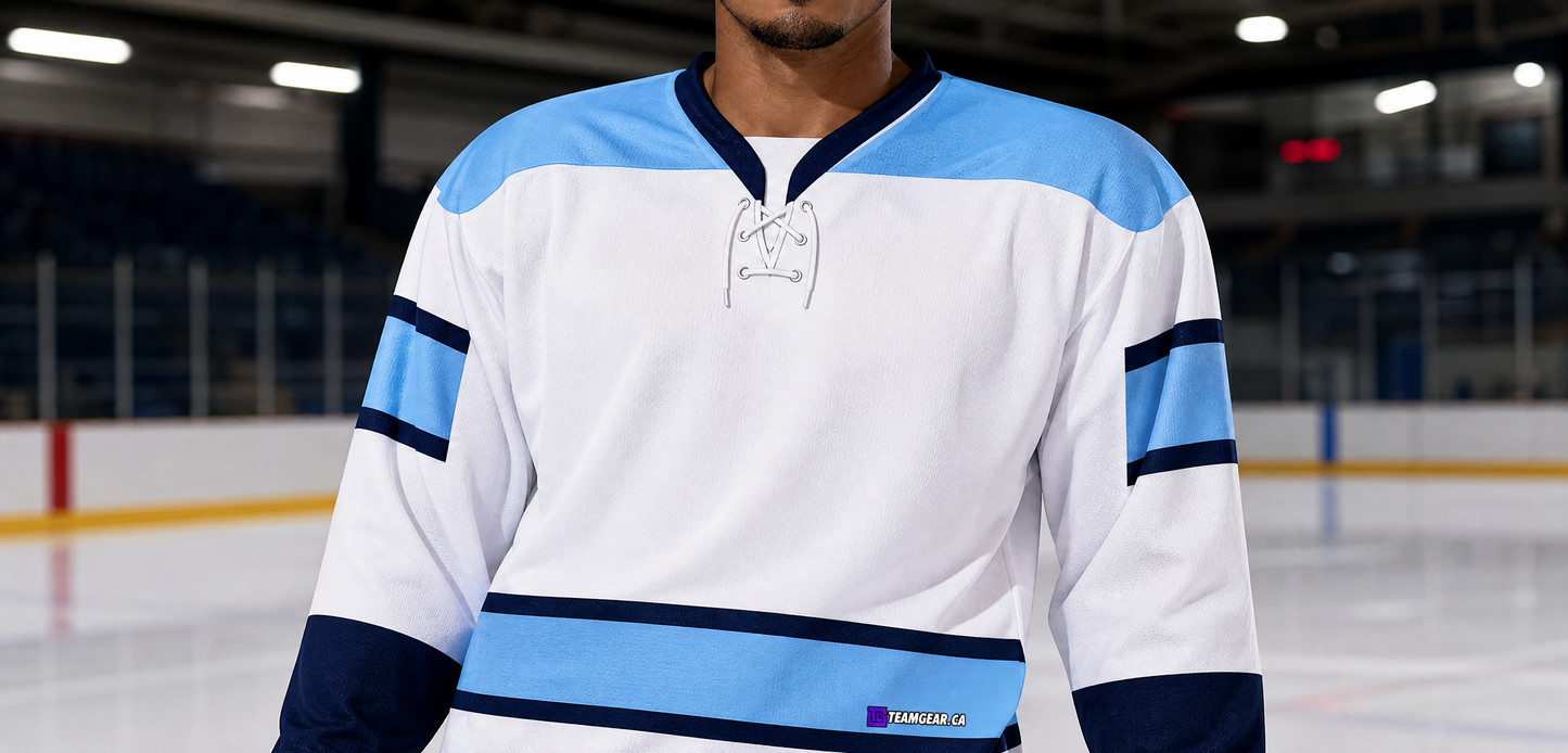NHL Inspired Hockey Jersey: Pittsburgh Penguins White and Powder Blue — custom hockey jersey worn on model — TeamGear Canada