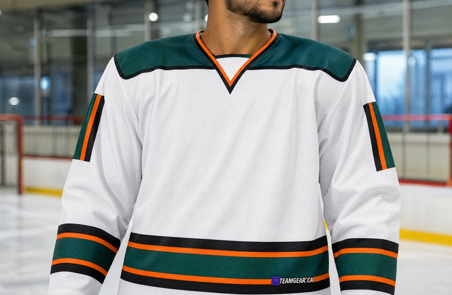 NHL Inspired Hockey Jersey: San Jose Sharks White — custom hockey jersey worn on model — TeamGear Canada