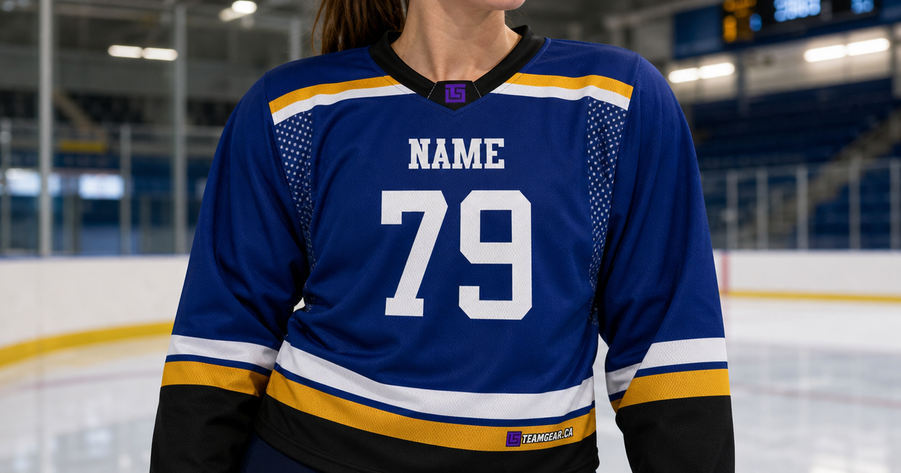 NHL Inspired Hockey Jersey: St. Louis Blues Royal Blue — custom hockey jersey worn on model — TeamGear Canada