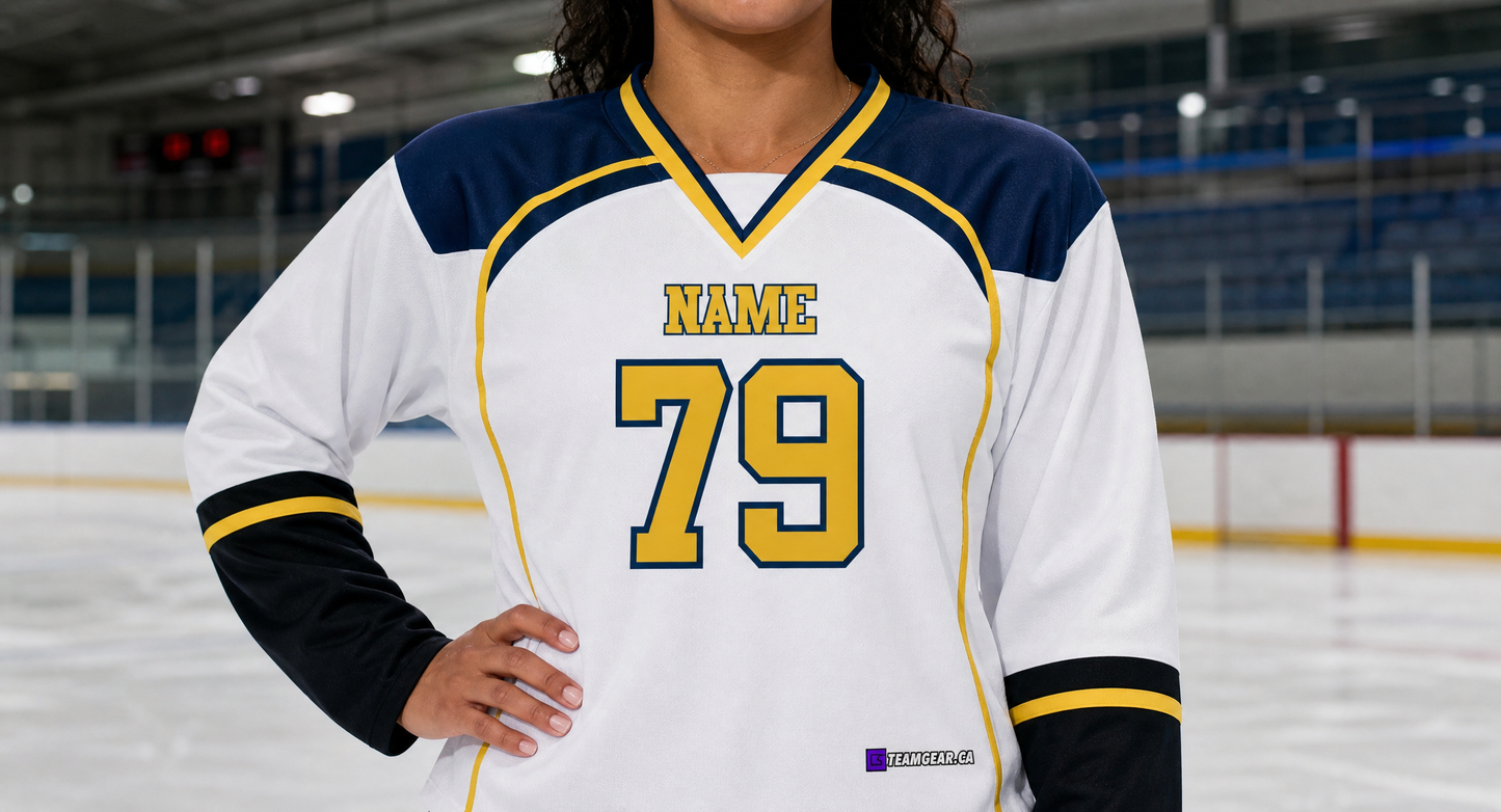 NHL Inspired Hockey Jersey: St. Louis Blues White 2007-2014 — custom hockey jersey worn on model — TeamGear Canada