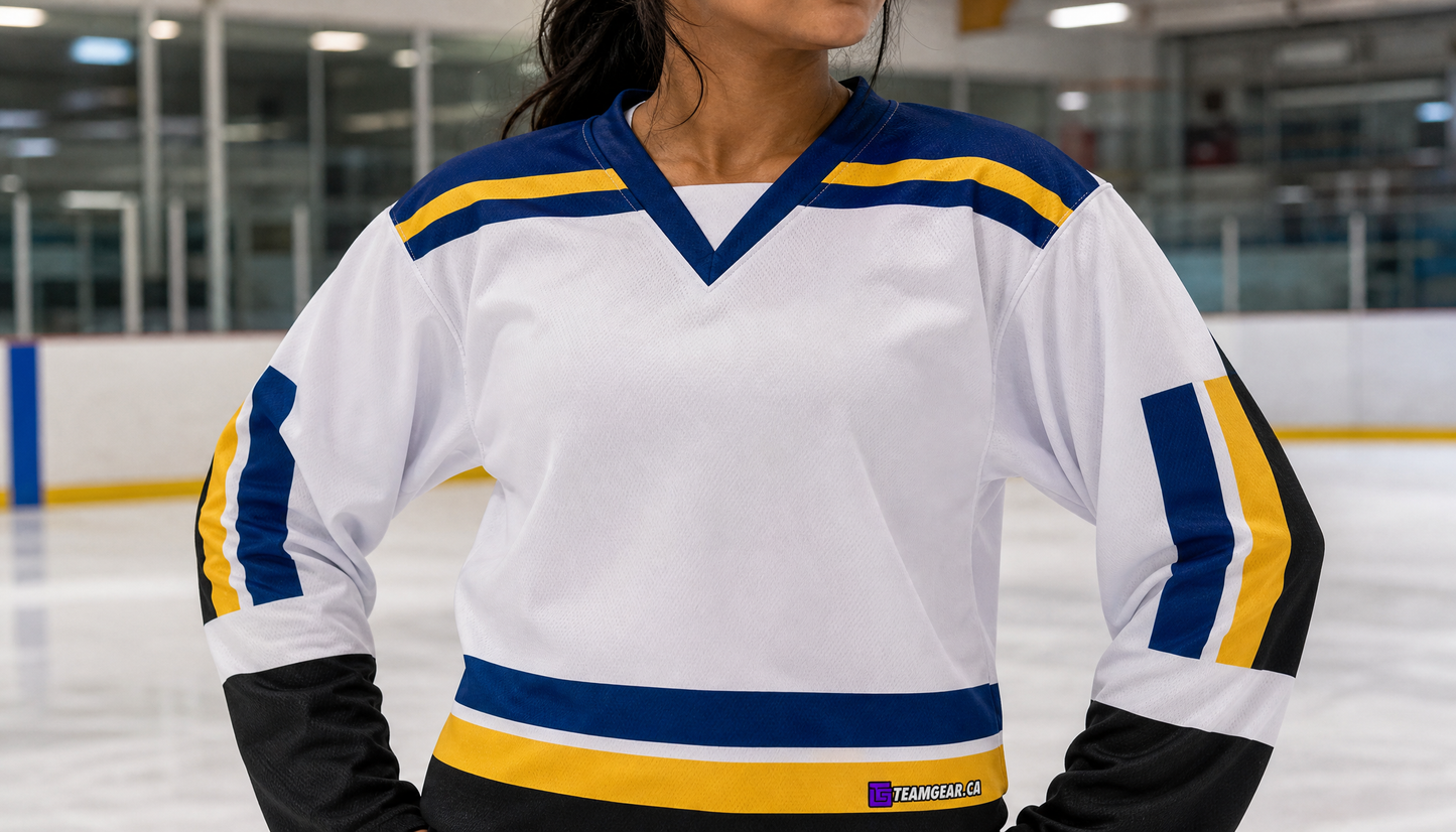 NHL Inspired Hockey Jersey: St. Louis Blues White — custom hockey jersey worn on model — TeamGear Canada