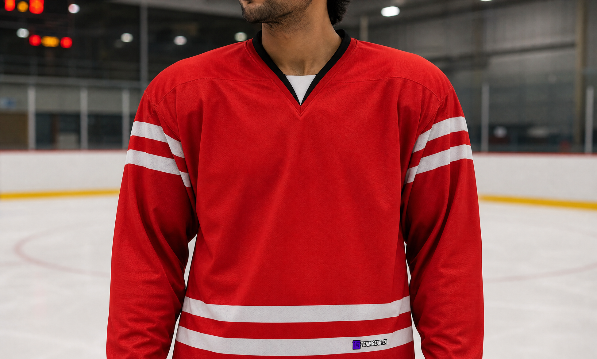 NHL Inspired Hockey Jersey: Team Canada Red — custom hockey jersey worn on model — TeamGear Canada