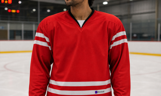 NHL Inspired Hockey Jersey: Team Canada Red — custom hockey jersey worn on model — TeamGear Canada