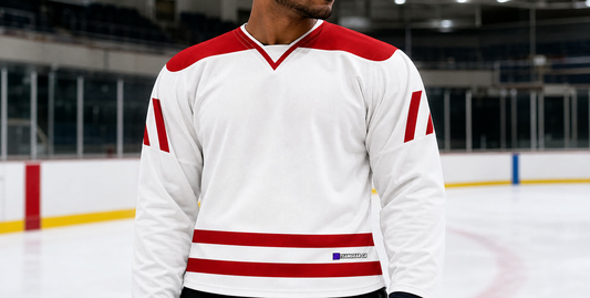 NHL Inspired Hockey Jersey: Team Canada White — custom hockey jersey worn on model — TeamGear Canada