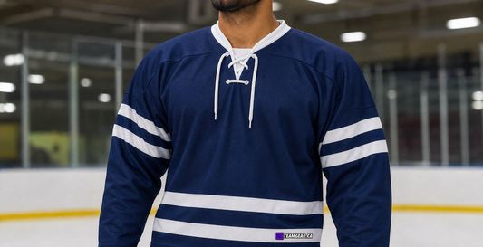 NHL Inspired Hockey Jersey: Toronto Maple Leafs Royal Blue Lace Collar — custom hockey jersey worn on model — TeamGear Canada