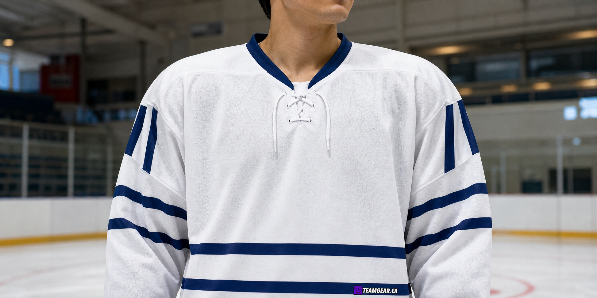 NHL Inspired Hockey Jersey: Toronto Maple Leafs White Lace Collar — custom hockey jersey worn on model — TeamGear Canada