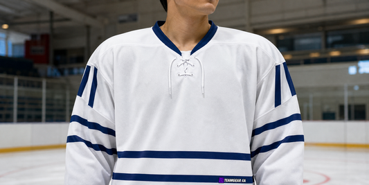 NHL Inspired Hockey Jersey: Toronto Maple Leafs White Lace Collar — custom hockey jersey worn on model — TeamGear Canada
