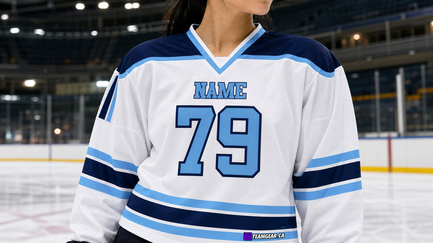 NHL Inspired Hockey Jersey: University of Maine White — custom hockey jersey worn on model — TeamGear Canada