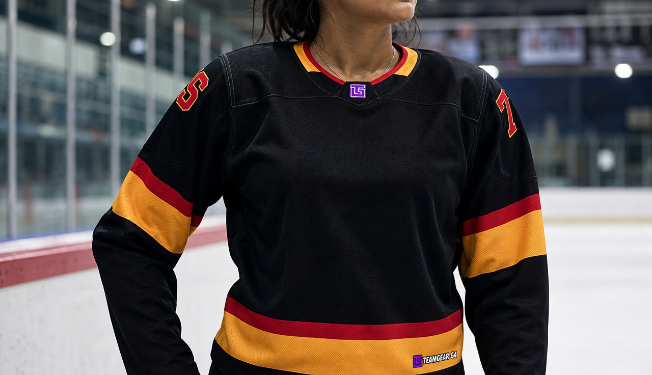 NHL Inspired Hockey Jersey: Vancouver Canucks Retro Black — custom hockey jersey worn on model — TeamGear Canada