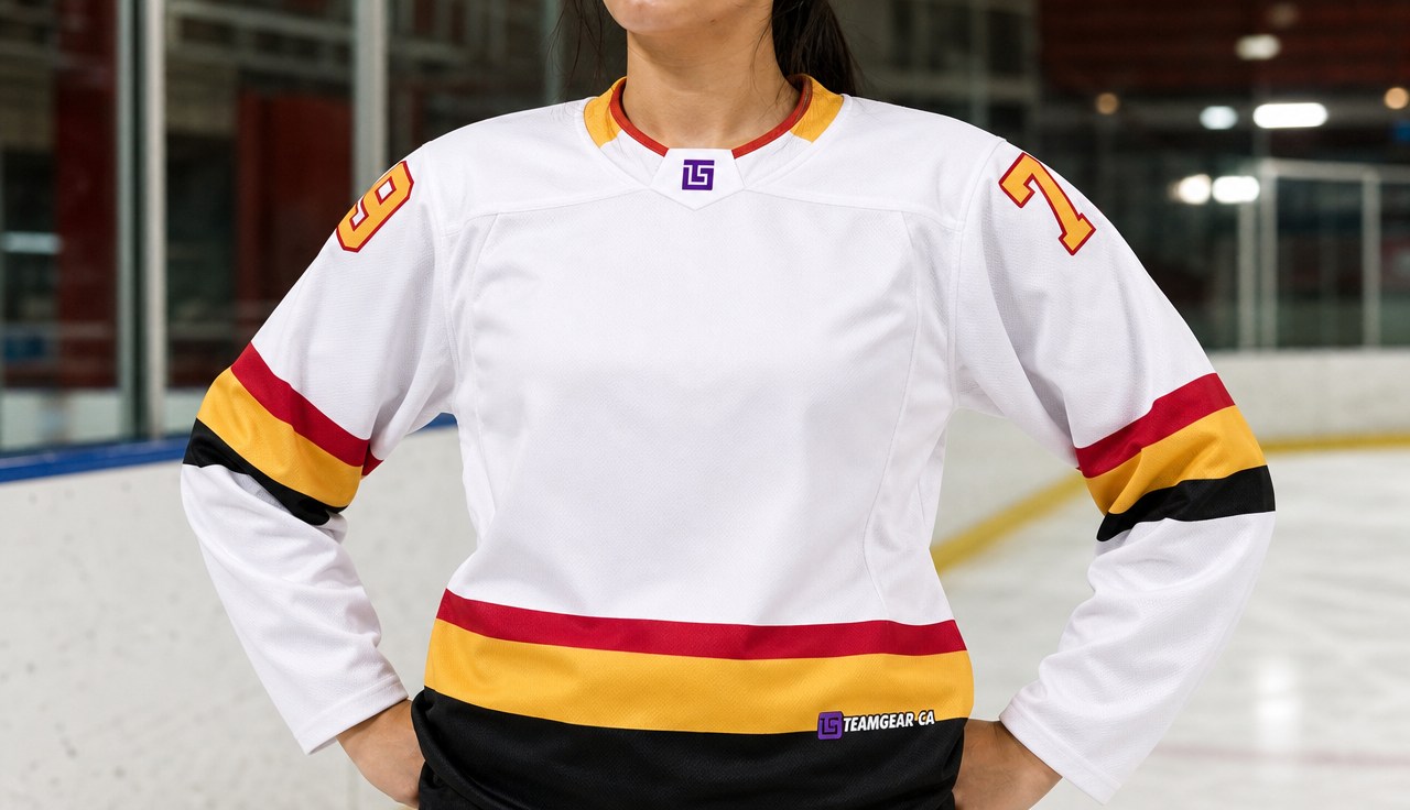 NHL Inspired Hockey Jersey: Vancouver Canucks Retro White — custom hockey jersey worn on model — TeamGear Canada