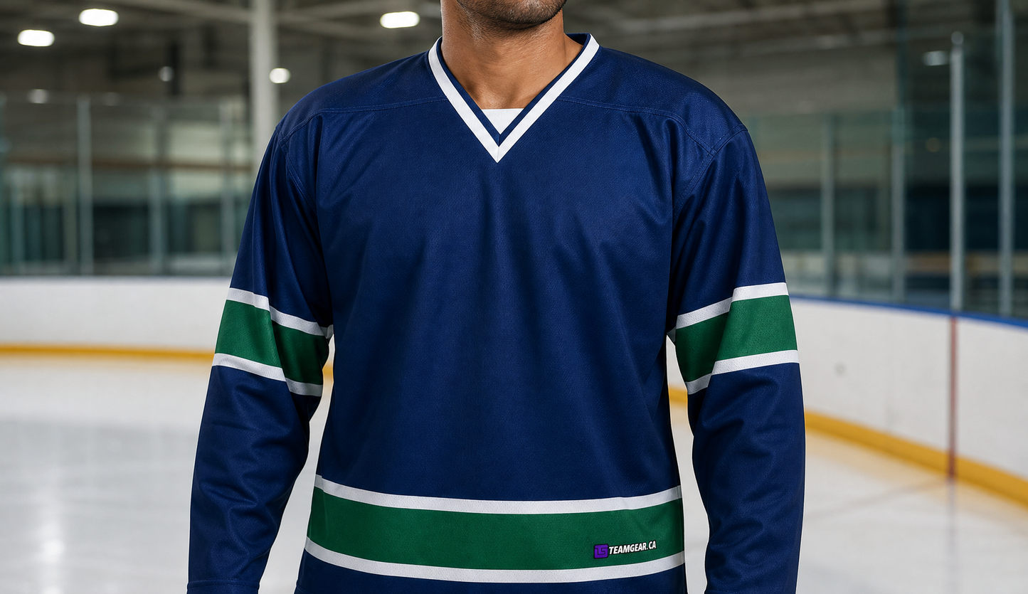NHL Inspired Hockey Jersey: Vancouver Canucks Royal Blue — custom hockey jersey worn on model — TeamGear Canada