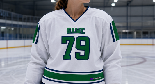 NHL Inspired Hockey Jersey: Vancouver Canucks White — custom hockey jersey worn on model — TeamGear Canada