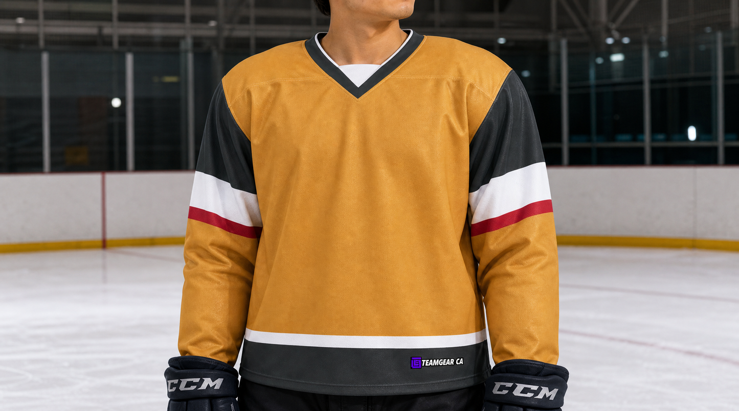 NHL Inspired Hockey Jersey: Vegas Golden Knights Gold — custom hockey jersey worn on model — TeamGear Canada