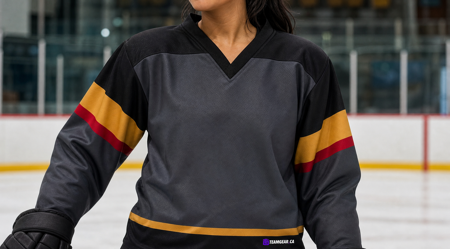 NHL Inspired Hockey Jersey: Vegas Golden Knights Grey — custom hockey jersey worn on model — TeamGear Canada