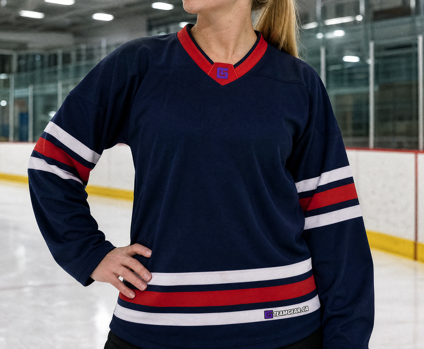 NHL Inspired Hockey Jersey: Winnipeg Jets Heritage Navy — custom hockey jersey worn on model — TeamGear Canada
