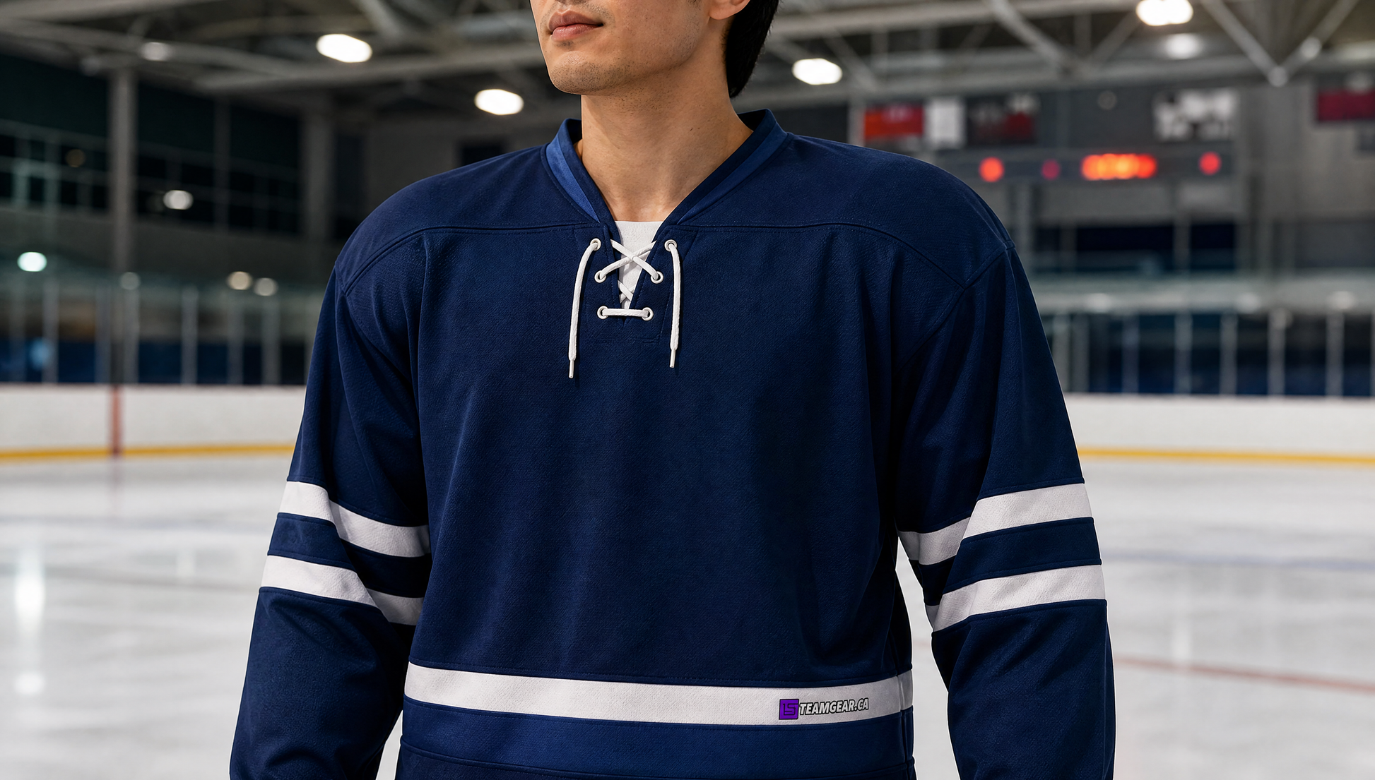 NHL Inspired Hockey Jersey: Winnipeg Jets Navy — custom hockey jersey worn on model — TeamGear Canada