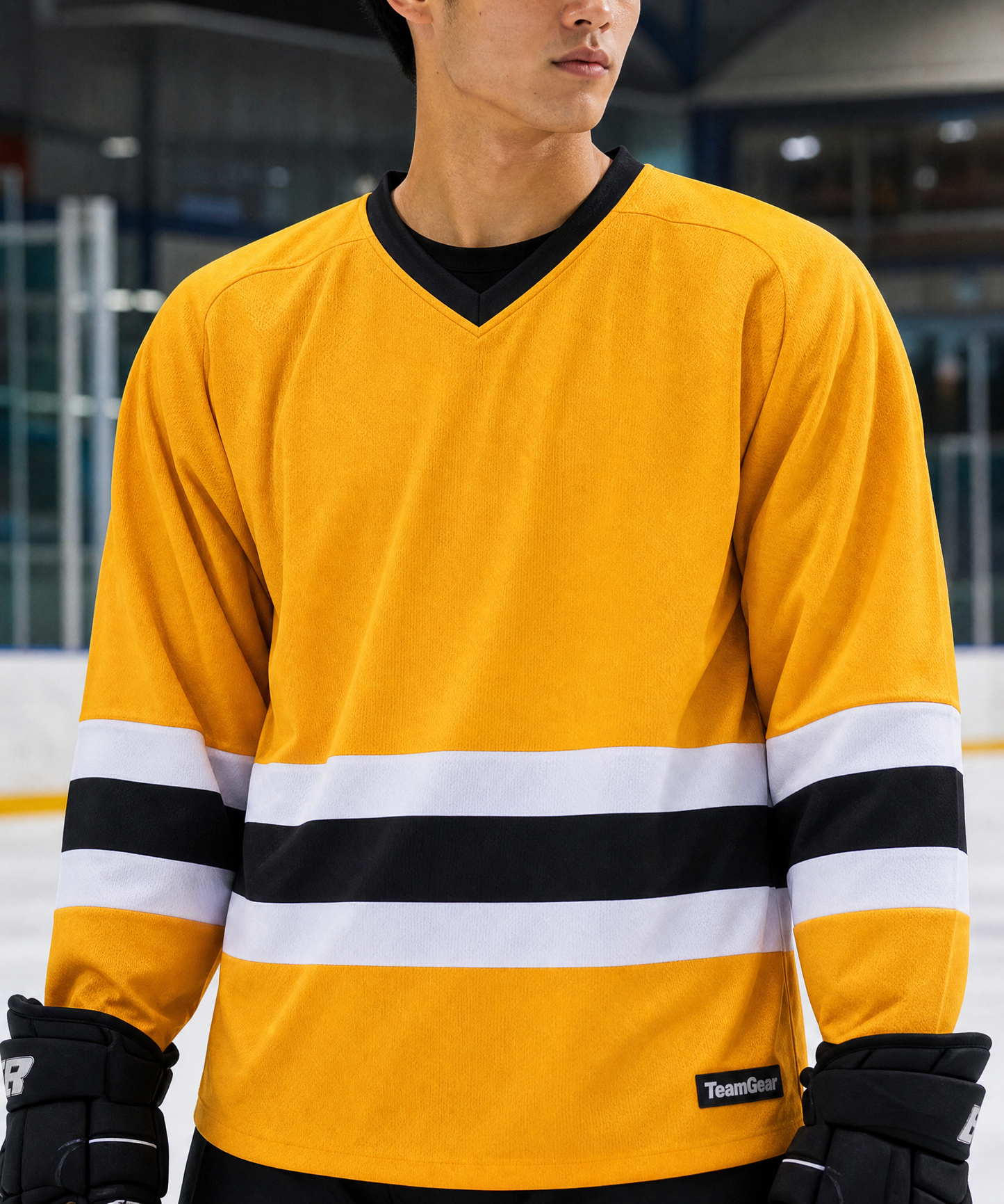NHL Inspired Hockey Socks: Boston Bruins Black — custom hockey socks worn on model — TeamGear Canada