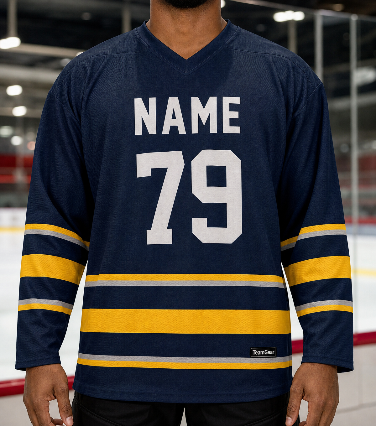 NHL Inspired Hockey Socks: Buffalo Sabres Navy — custom hockey socks worn on model — TeamGear Canada