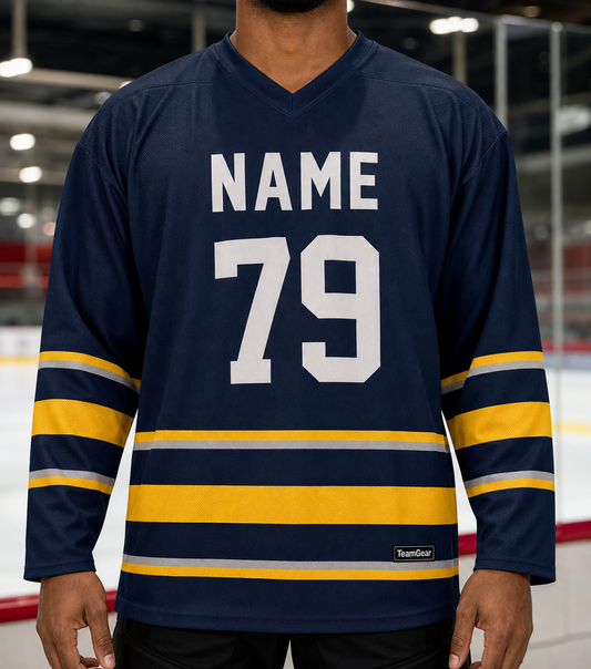 NHL Inspired Hockey Socks: Buffalo Sabres Navy — custom hockey socks worn on model — TeamGear Canada