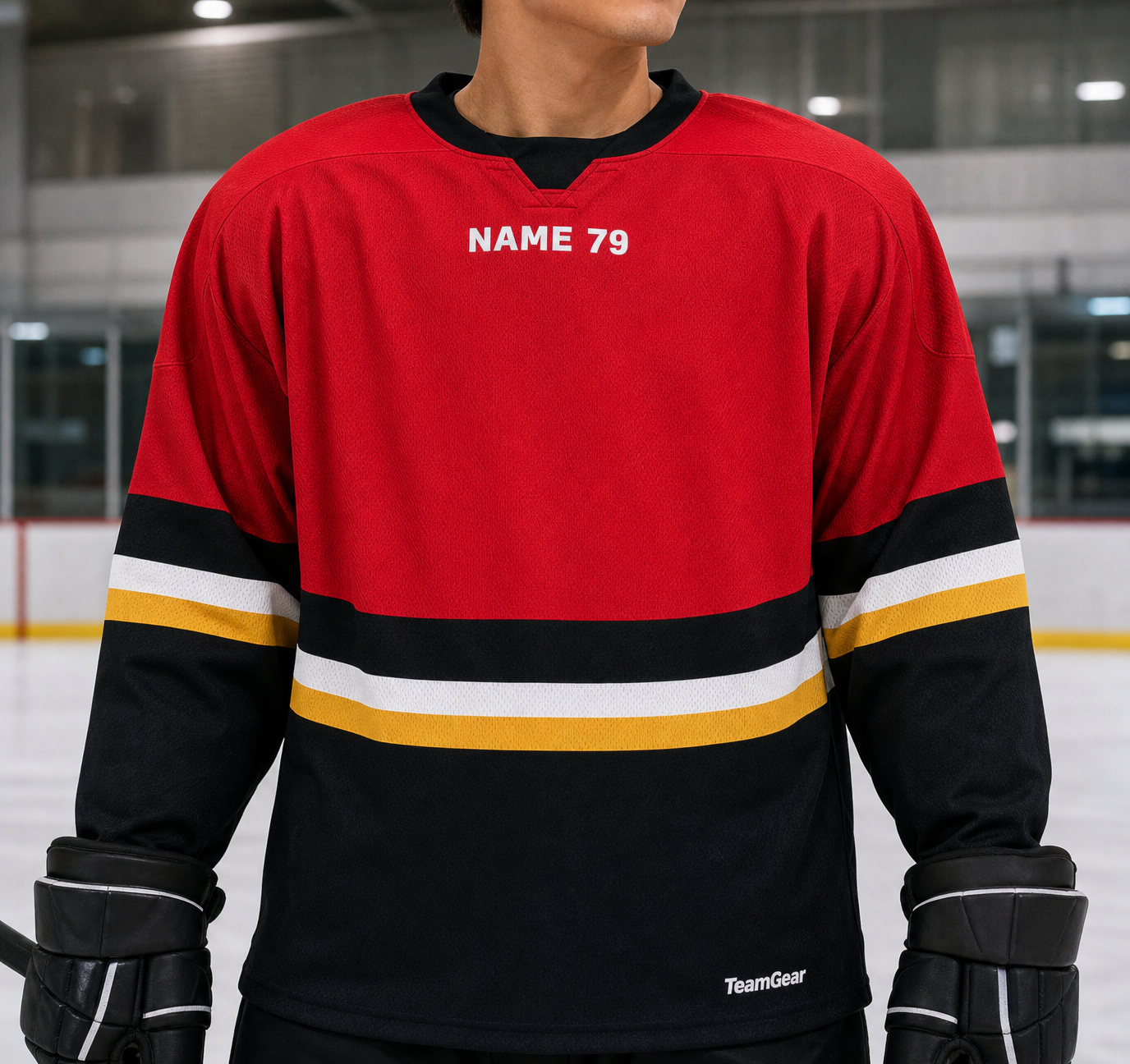 NHL Inspired Hockey Socks: Calgary Flames Red 2007-2020 — custom hockey socks worn on model — TeamGear Canada