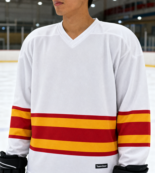 NHL Inspired Hockey Socks: Calgary Flames White — custom hockey socks worn on model — TeamGear Canada