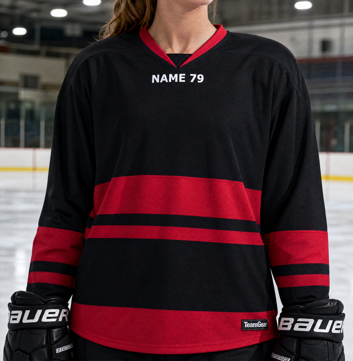 NHL Inspired Hockey Socks: Carolina Hurricanes Black — custom hockey socks worn on model — TeamGear Canada