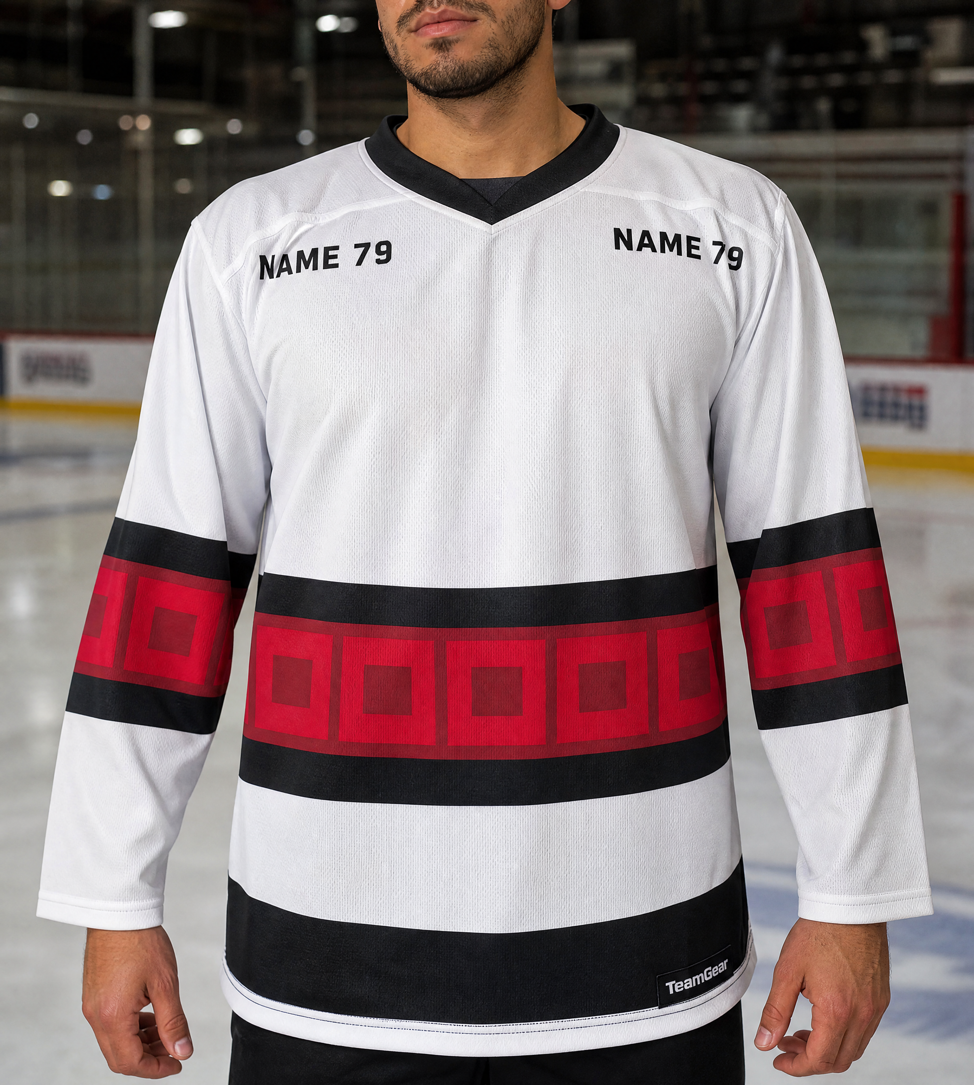 NHL Inspired Hockey Socks: Carolina Hurricanes White — custom hockey socks worn on model — TeamGear Canada