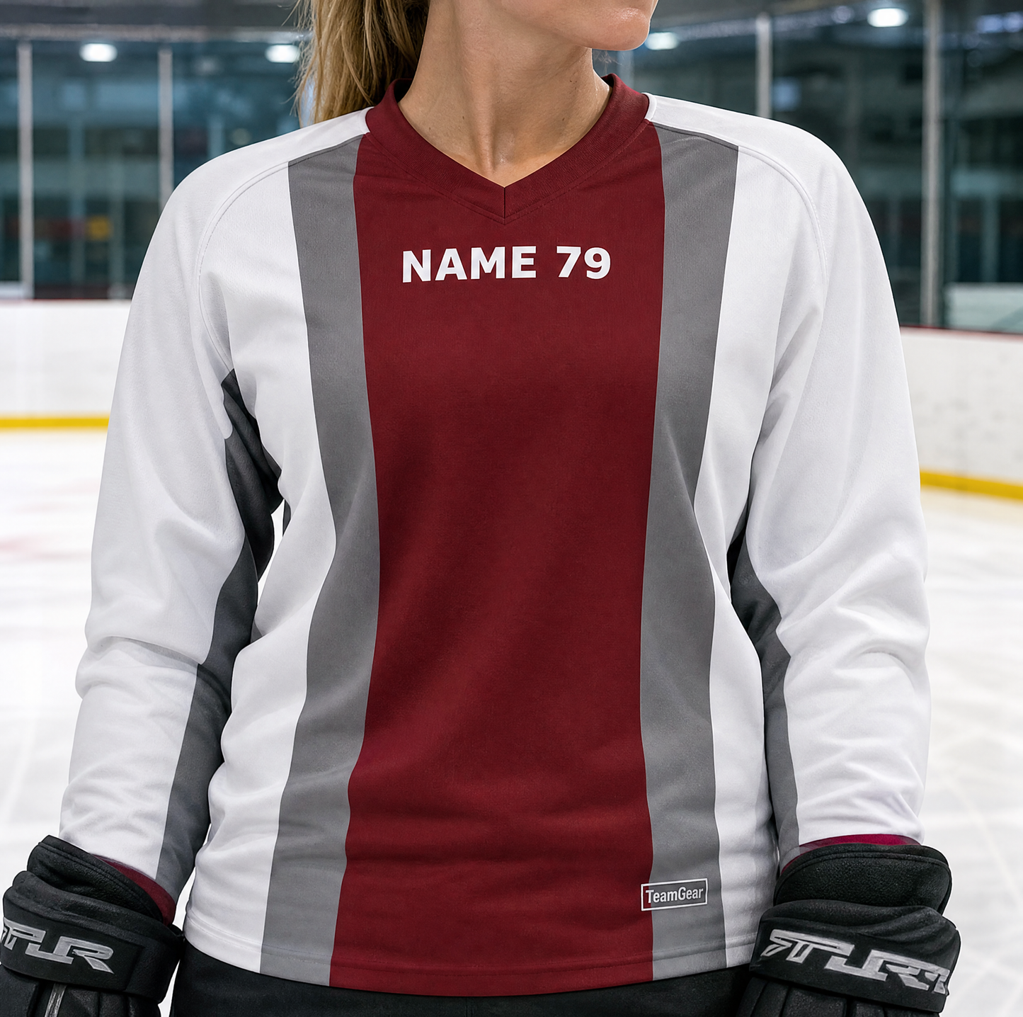 NHL Inspired Hockey Socks: Colorado Avalanche Home — custom hockey socks worn on model — TeamGear Canada