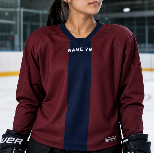 NHL Inspired Hockey Socks: Colorado Avalanche Maroon — custom hockey socks worn on model — TeamGear Canada
