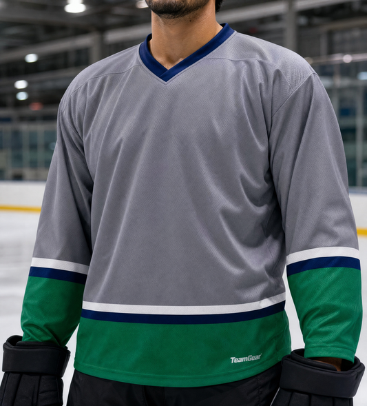 NHL Inspired Hockey Socks: Hartford Whalers Grey — custom hockey socks worn on model — TeamGear Canada