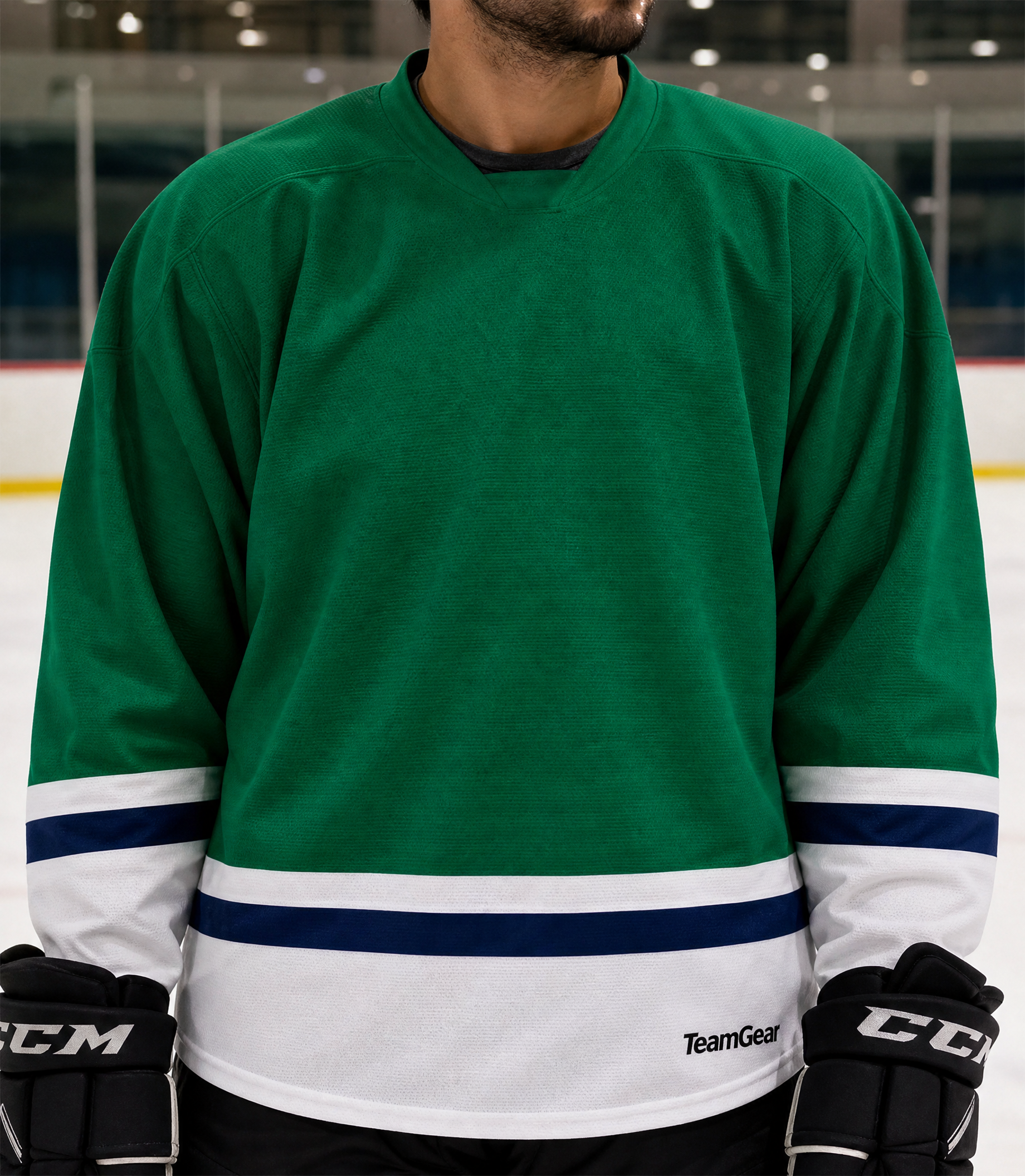 NHL Inspired Hockey Socks: Hartford Whalers Kelly Green — custom hockey socks worn on model — TeamGear Canada