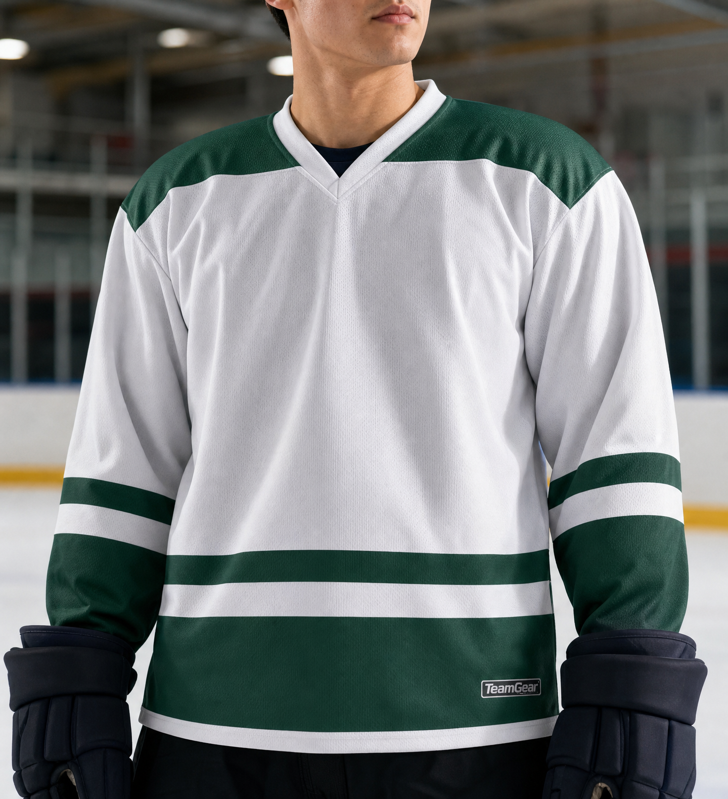 NHL Inspired Hockey Socks: Minnesota Wild White — custom hockey socks worn on model — TeamGear Canada