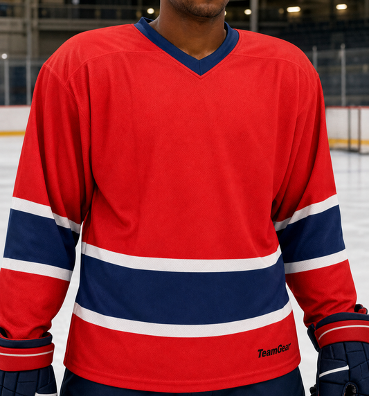 NHL Inspired Hockey Socks: Montreal Canadiens Red — custom hockey socks worn on model — TeamGear Canada